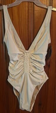 NWT Karla Colletto Women’s White One Piece Swimsuit vneck ruched bodice size 10